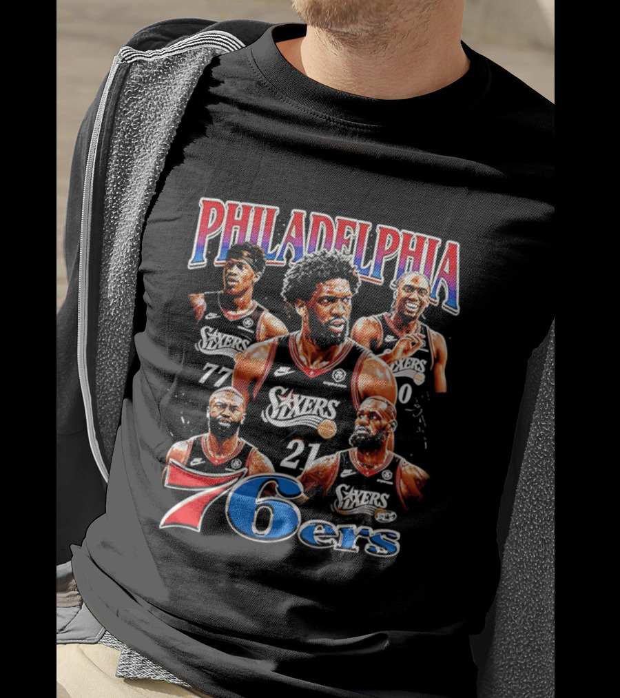 Philadelphia 76ers Embiid LeBron Collage 21 77 T-Shirt