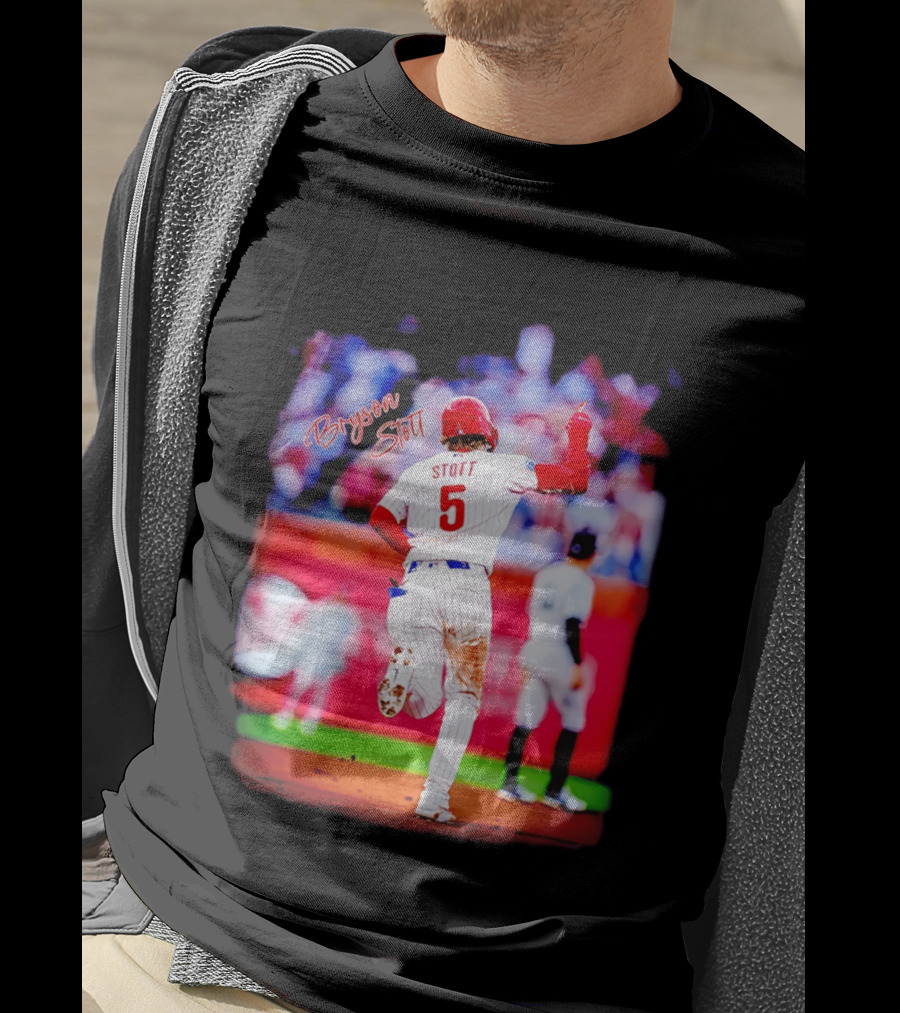 Philadelphia Phillies Bryson Stott 5 Baseball Game Action T-Shirt
