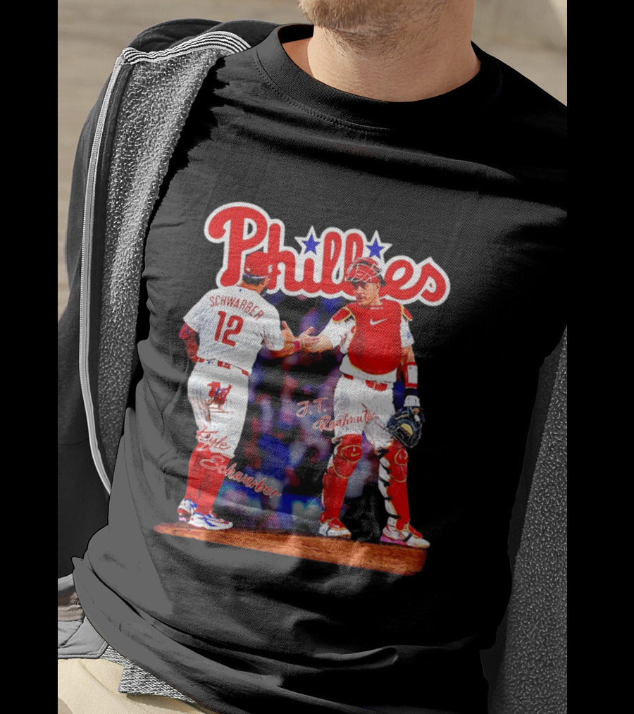 Philadelphia Phillies Kyle Schwarber J Realmuto 12 Catcher Handshake T-Shirt