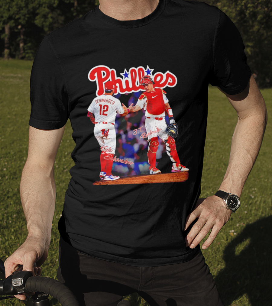 Philadelphia Phillies Kyle Schwarber J Realmuto 12 Catcher Handshake T-Shirt