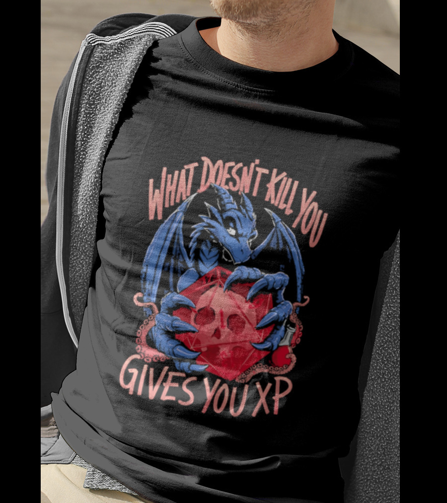 What Doesn't Kill You Gives You XP Blue Dragon Holding Red D20 Skull T-Shirt