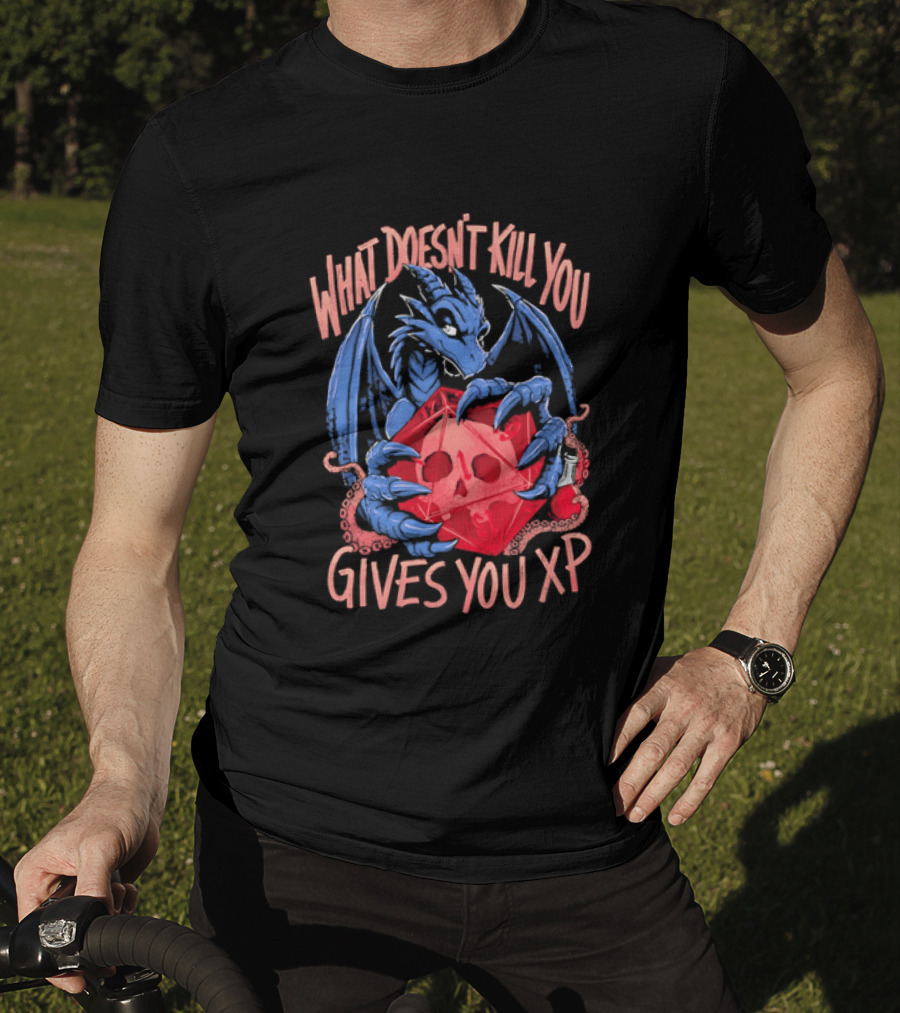 What Doesn't Kill You Gives You XP Blue Dragon Holding Red D20 Skull T-Shirt