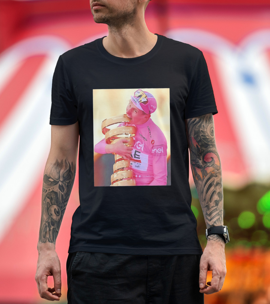 Tadej Pogačar Trophy Celebration UAE Pink Jersey T-Shirt