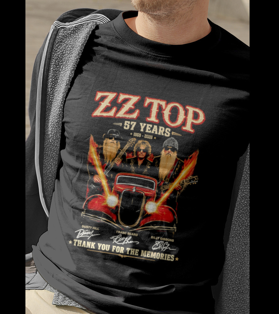 ZZ Top 57 Years 1969 2026 Dusty Hill Franc Beard Billy Gibbons Thank You For The Memories Classic Car And Guitars T-Shirt
