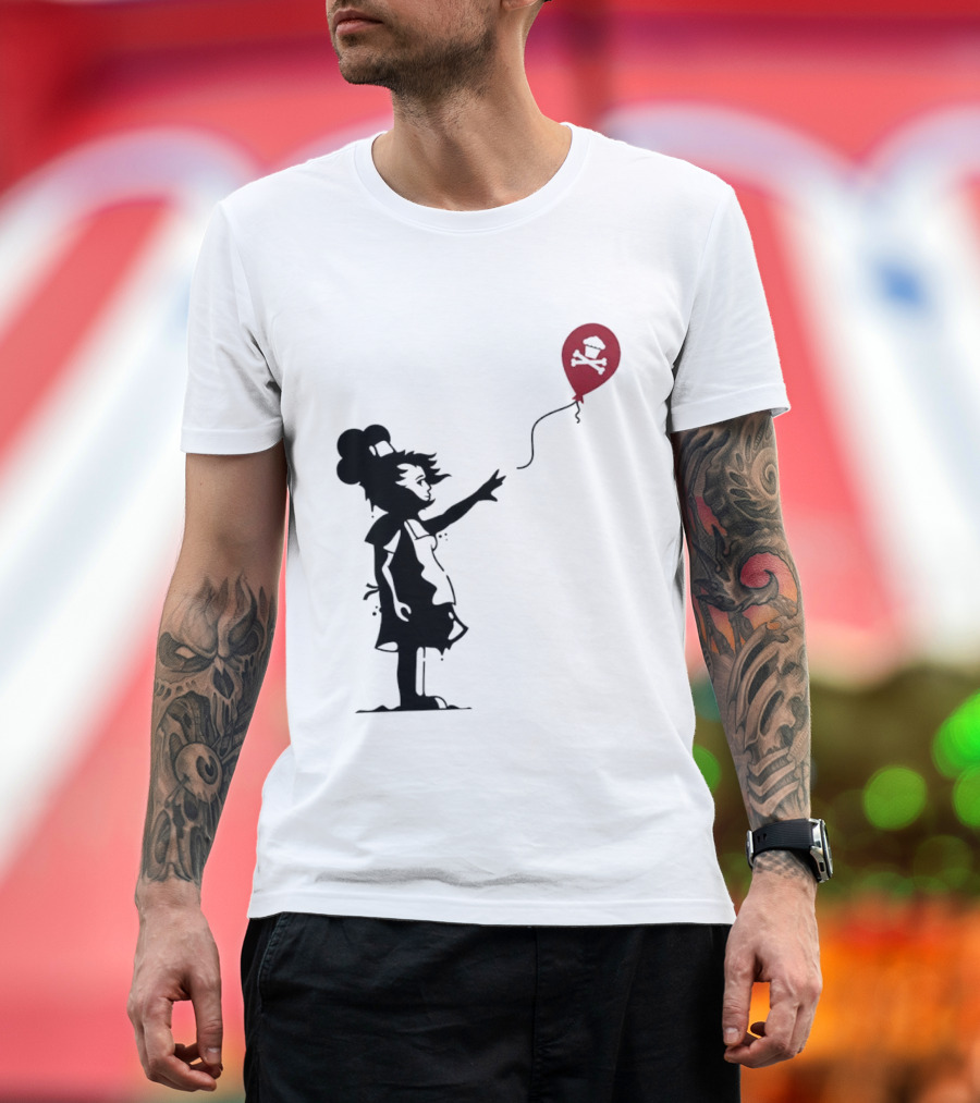 Baker Reaching For Cupcake And Crossbones Balloon Black Silhouette On Red T-Shirt