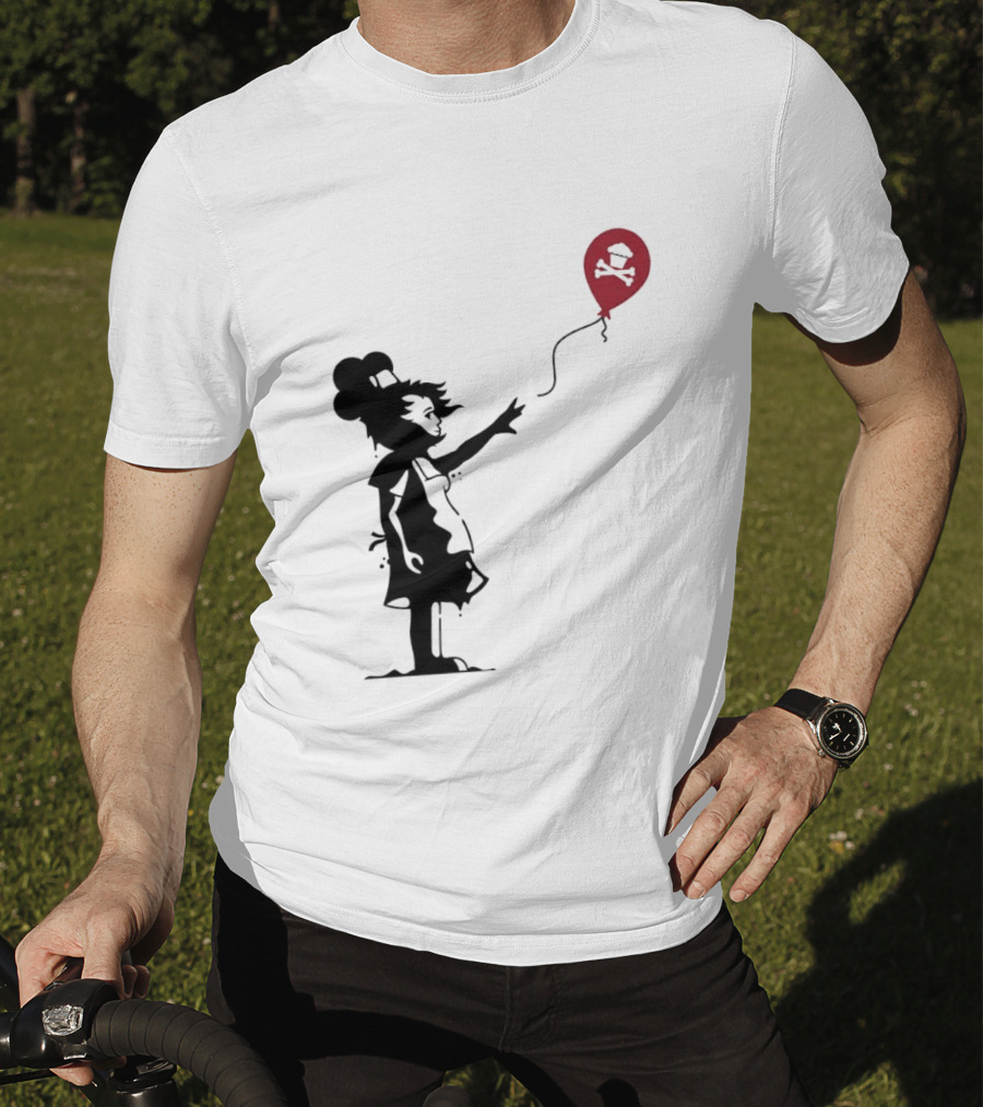 Baker Reaching For Cupcake And Crossbones Balloon Black Silhouette On Red T-Shirt
