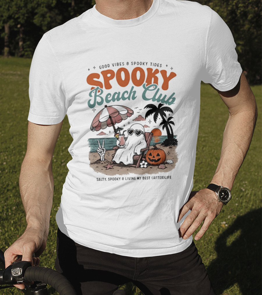 Good Vibes & Spooky Tides Spooky Beach Club Salty Spooky & Living My Best Afterlife T-Shirt