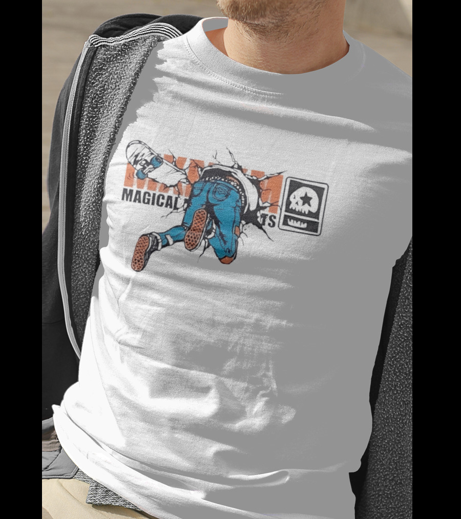 Magical Skateboarder Crashing Through Wall Skull Jeans Brick Wall T-Shirt