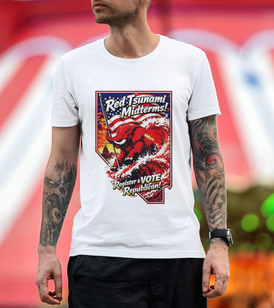 Red Tsunami Midterms Register And Vote Republican Political Elephant With American Flag T-Shirt