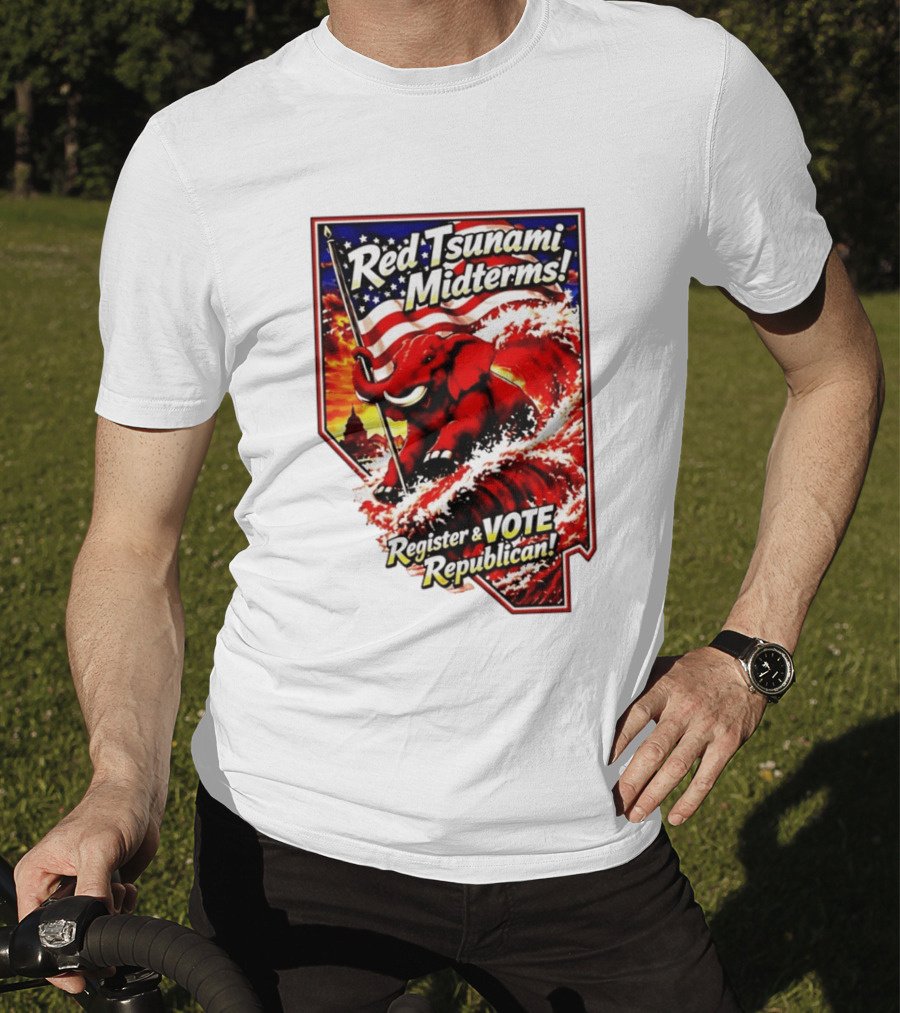 Red Tsunami Midterms Register And Vote Republican Political Elephant With American Flag T-Shirt
