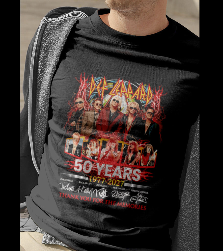 Def Leppard 50 Years 1977 2027 Thank You For The Memories Rock Legends Celebration Autographed Collage T-Shirt