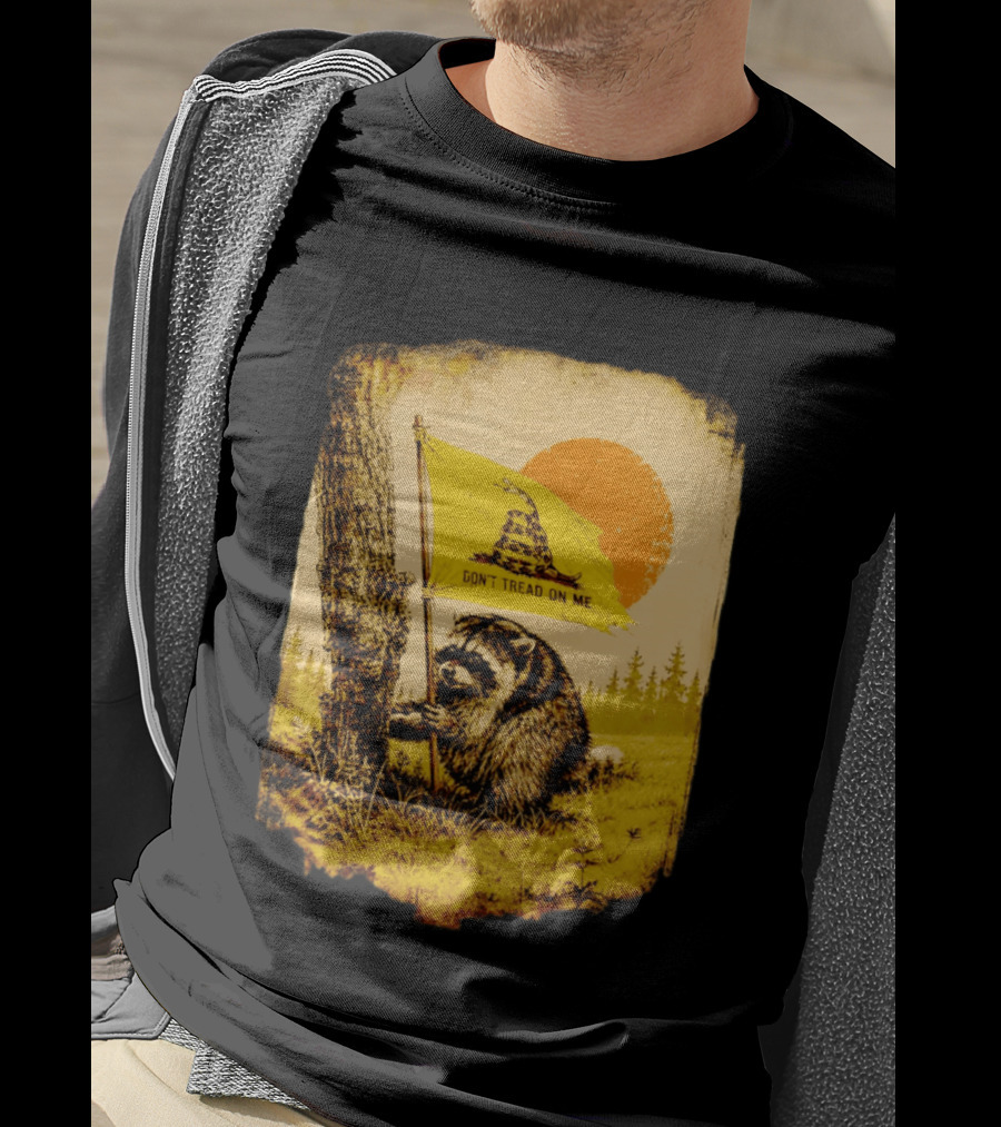 Don't Tread On Me Raccoon Holding Gadsden Flag Rustic Sun T-Shirt