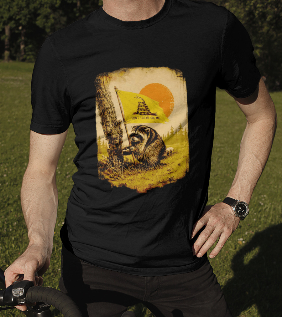 Don't Tread On Me Raccoon Holding Gadsden Flag Rustic Sun T-Shirt