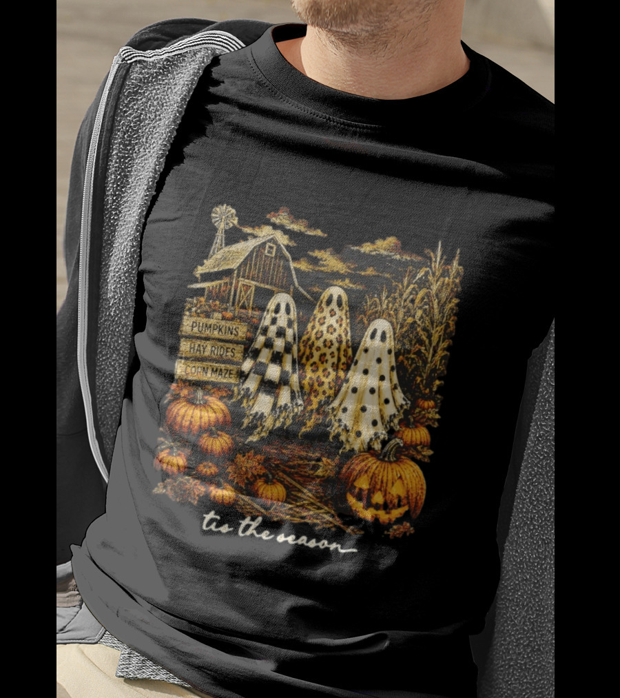 Tis The Season Halloween Ghosts Trio Pumpkins Hay Rides Corn Maze Spooky Autumn T-Shirt