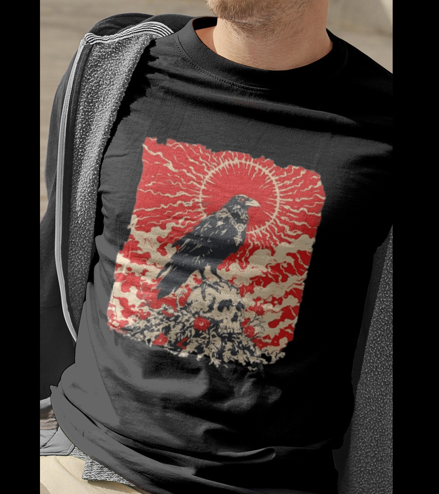 The Crow And The Skull Vintage Gothic Illustration Red Sunburst Mystical T-Shirt