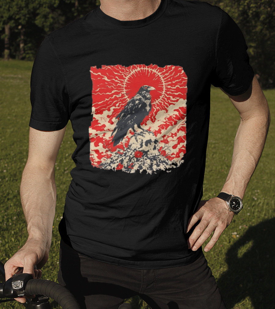 The Crow And The Skull Vintage Gothic Illustration Red Sunburst Mystical T-Shirt