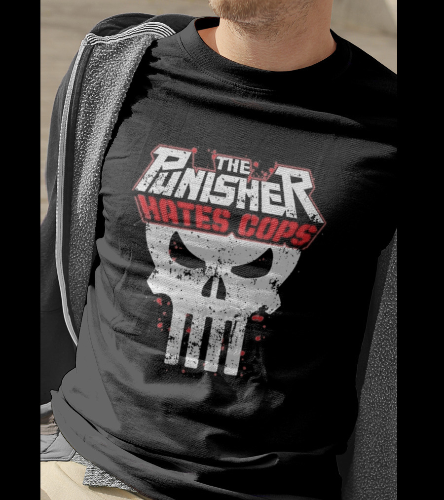The Punisher Hates Cops Skull Symbol Red White T-Shirt
