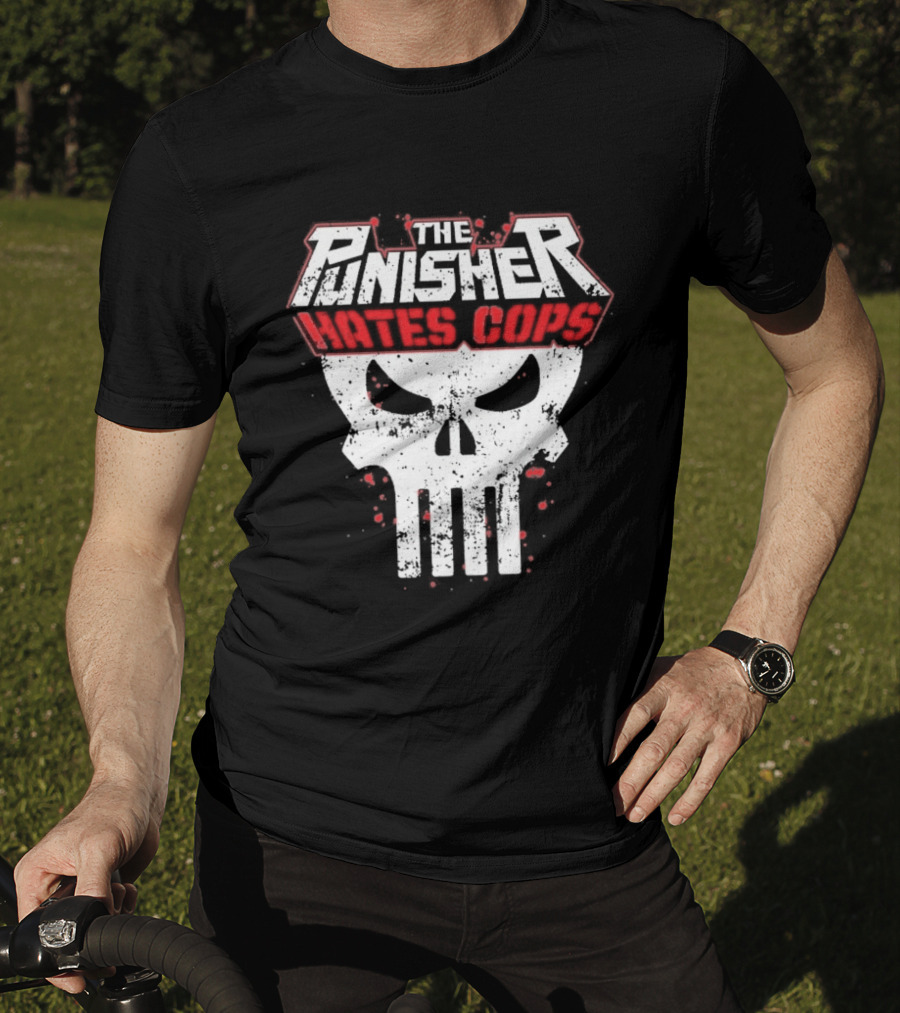 The Punisher Hates Cops Skull Symbol Red White T-Shirt