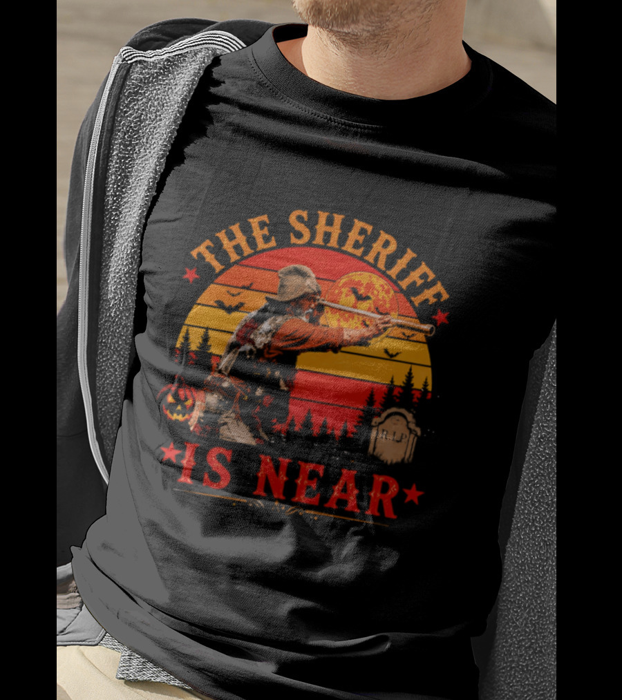 The Sheriff Is Near Halloween Cowboy Full Moon Tombstone Pumpkin Bats T-Shirt