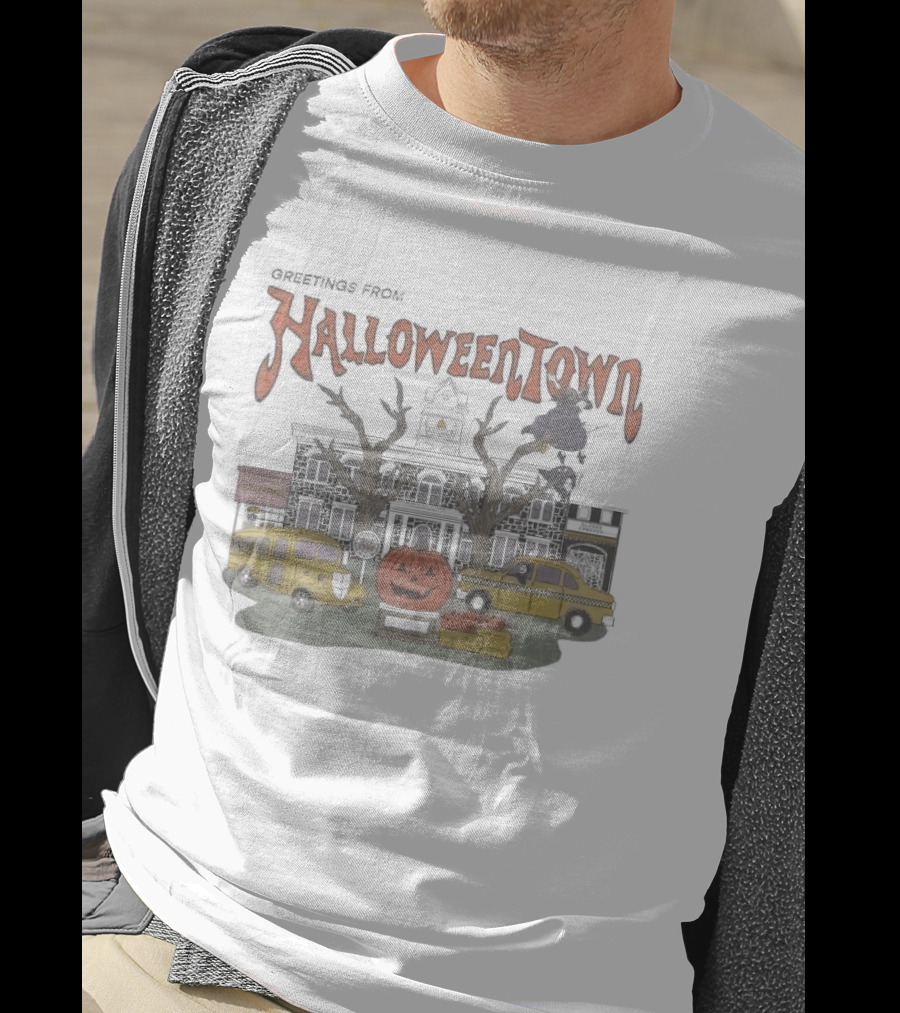 Greetings From Halloweentown Spooky Pumpkin Taxi Bus Haunted House Scene T-Shirt