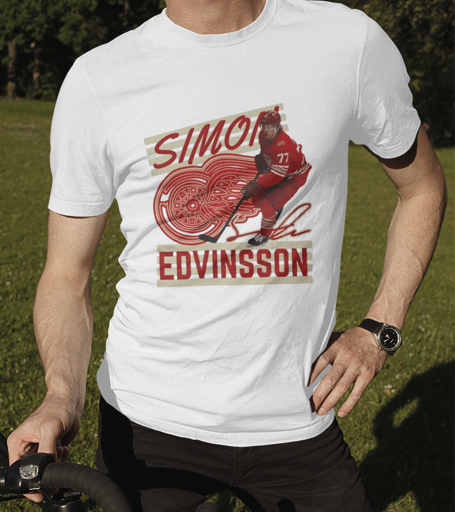 Simon Edvinsson 77 Detroit Red Wings Signature Hockey T-Shirt