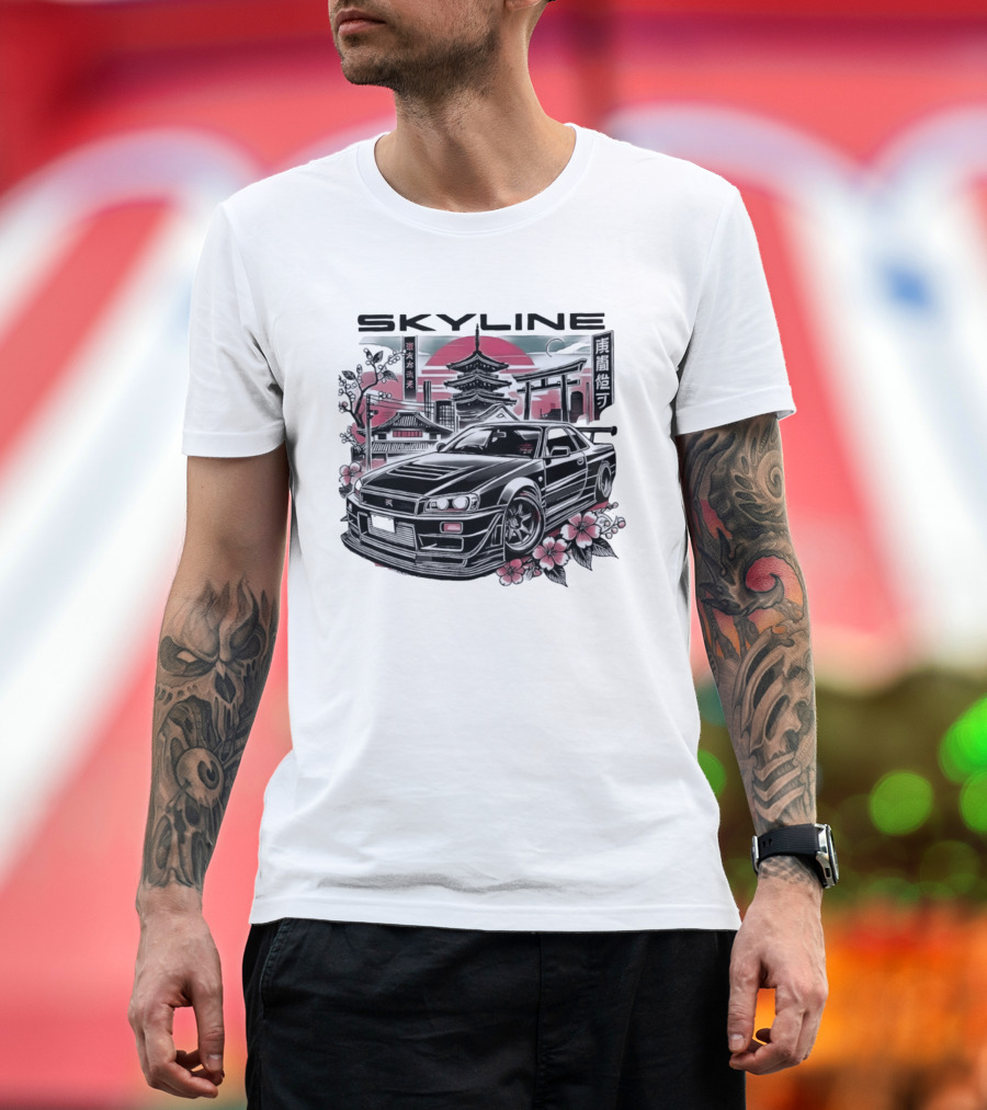 Skyline Japanese Cherry Blossom Car Pagoda Sun Blossoms T-Shirt