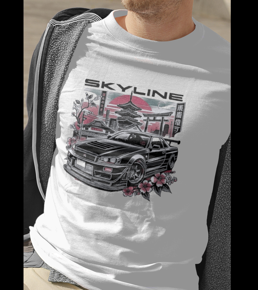 Skyline Japanese Cherry Blossom Car Pagoda Sun Blossoms T-Shirt