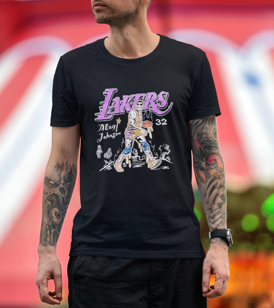 Lakers Magic Johnson 32 Skull Basketball Dribbling T-Shirt