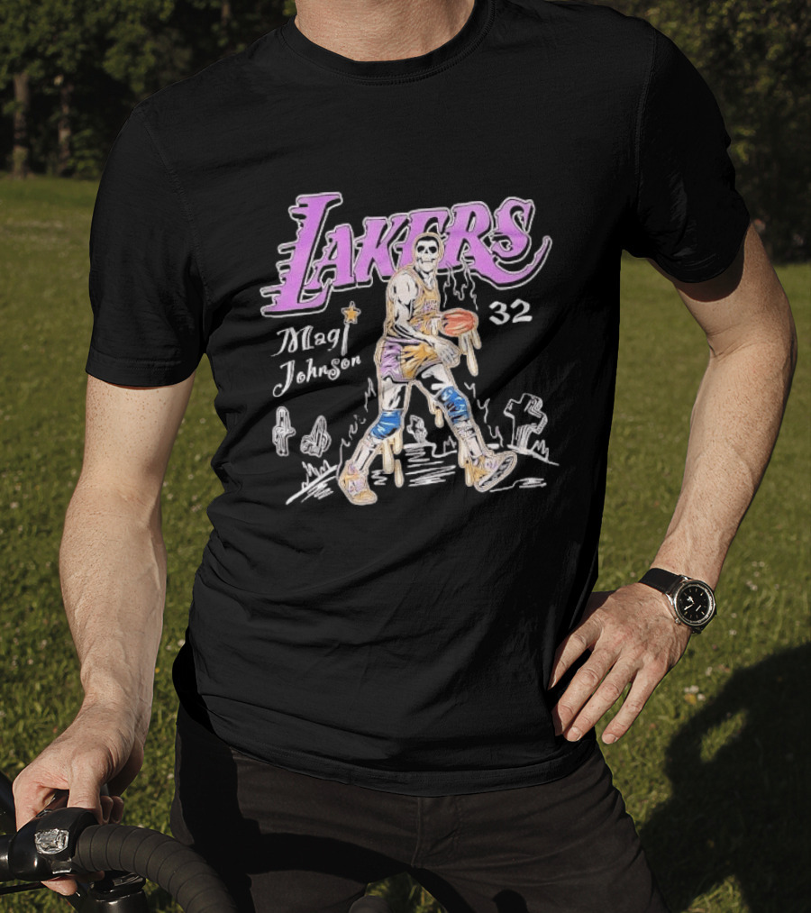 Lakers Magic Johnson 32 Skull Basketball Dribbling T-Shirt