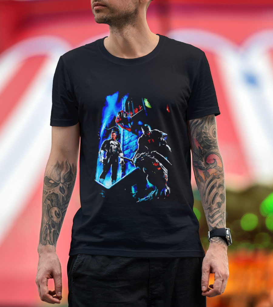 Marvel Comics Vigilante Action The Punisher Spider Man Daredevil Urban Battle Scene T-Shirt
