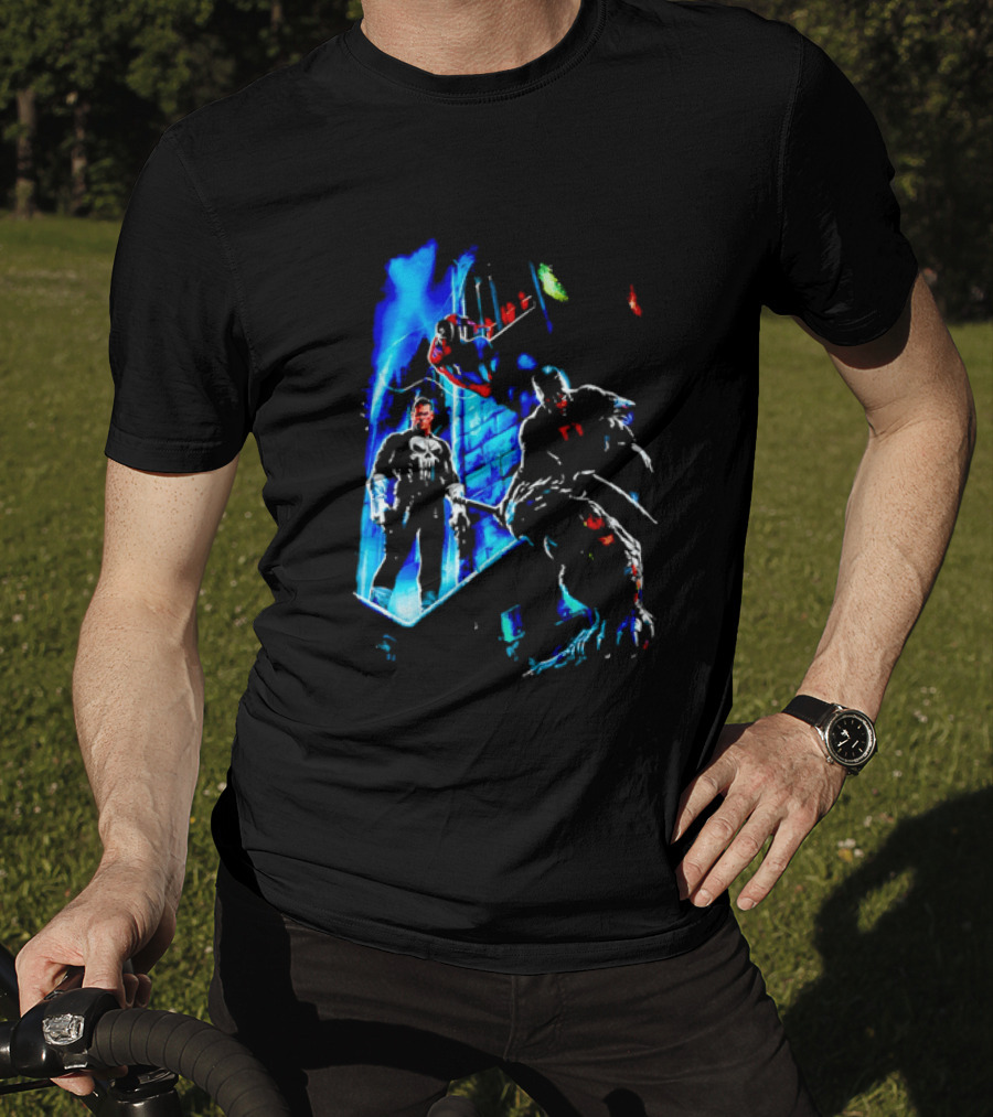 Marvel Comics Vigilante Action The Punisher Spider Man Daredevil Urban Battle Scene T-Shirt
