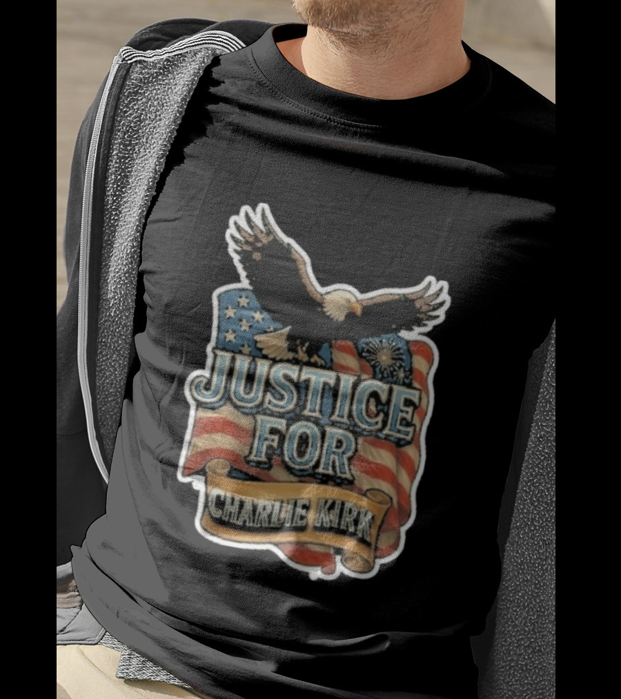 Justice For Charlie Kirk Bald Eagle American Flag Banner T-Shirt
