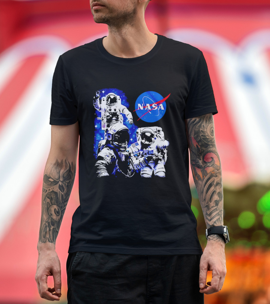 NASA Space Exploration Three Astronauts Floating In Deep Space T-Shirt