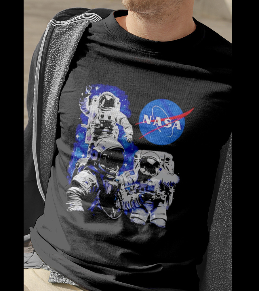 NASA Space Exploration Three Astronauts Floating In Deep Space T-Shirt