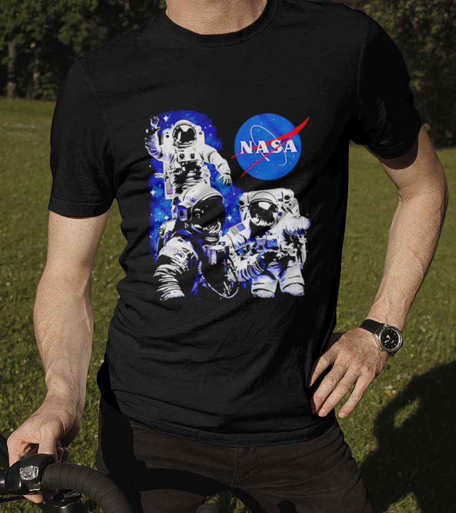NASA Space Exploration Three Astronauts Floating In Deep Space T-Shirt
