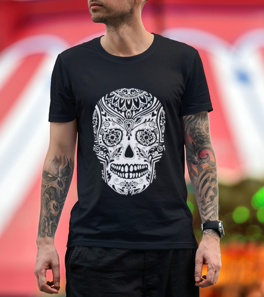 Sugar Skull Artistic Decorative Detailed Black White Intricate Motif T-Shirt
