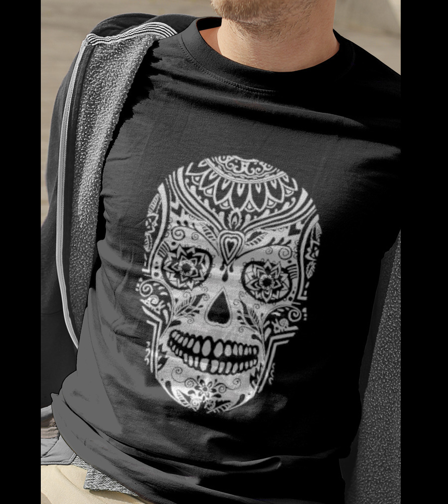 Sugar Skull Artistic Decorative Detailed Black White Intricate Motif T-Shirt