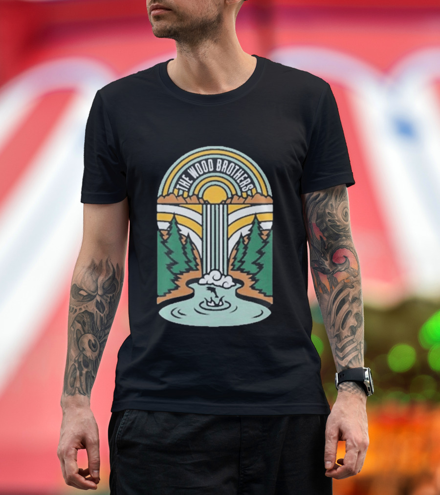 The Wood Brothers Waterfall Nature Scene With Sunburst And River Rapids T-Shirt