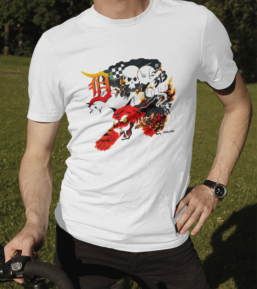 Skullxer 313 Detroit Tigers MLB 2026 With Flaming Devil And Skulls T-Shirt