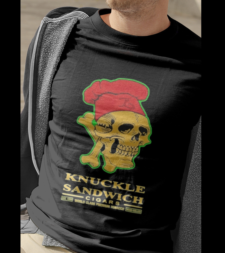 Knuckle Sandwich Cigars World Class Tobacco Skull With Red Chef Hat And Crossbones T-Shirt