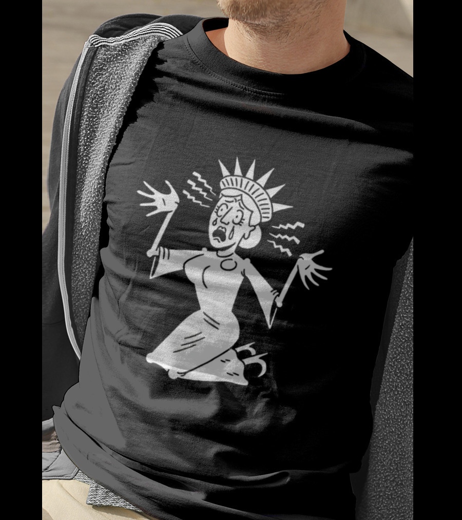 Lady Liberty Patriotic Panic Cartoon Sketch Yankee Doodle Distress T-Shirt