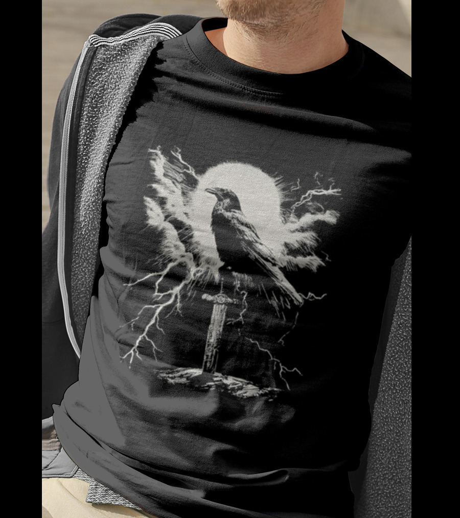 Raven On Sword With Lightning And Moon T-Shirt