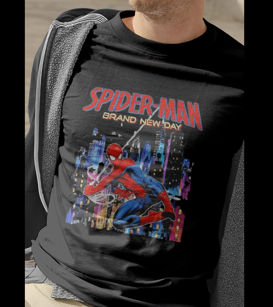 Spider Man Brand New Day Web Superhero Swinging City Night Marvel Studios T-Shirt