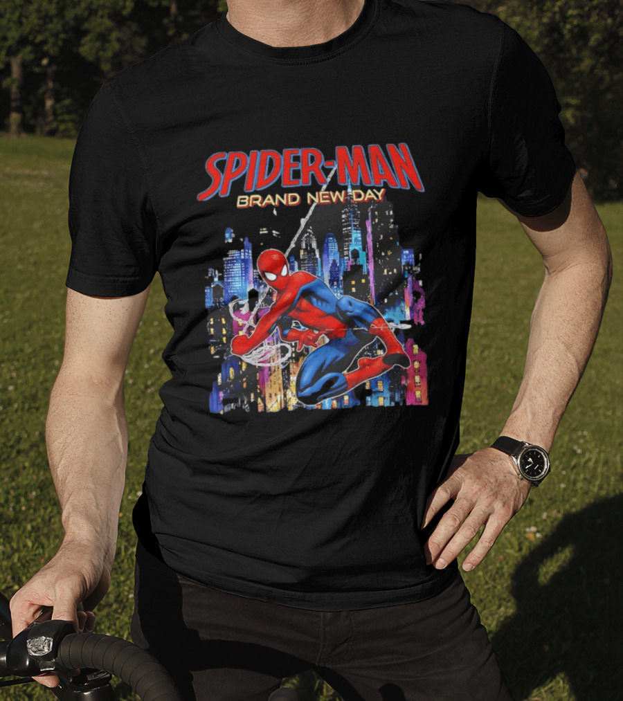 Spider Man Brand New Day Web Superhero Swinging City Night Marvel Studios T-Shirt