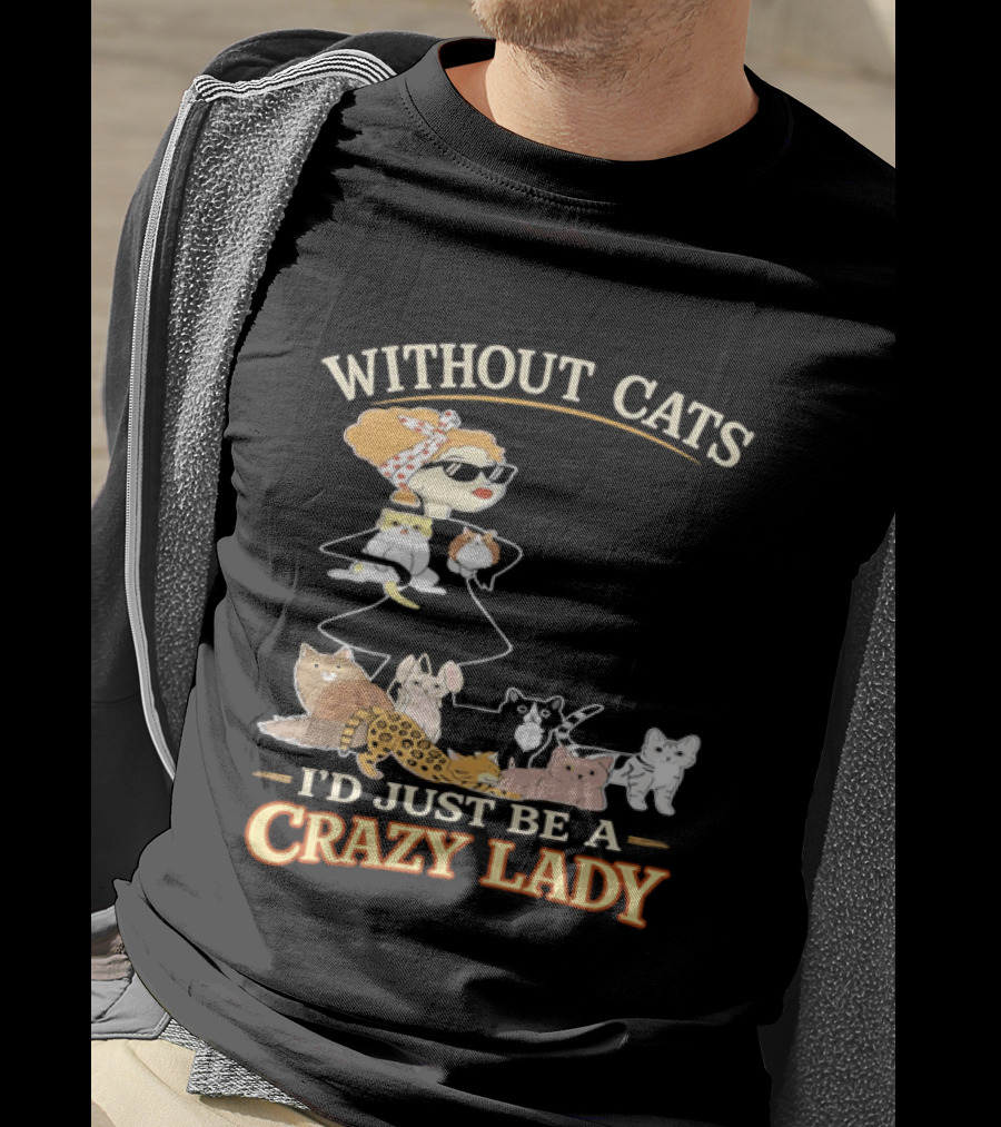 Without Cats I'd Just Be A Crazy Lady Pet Lover Vintage Cartoon T-Shirt