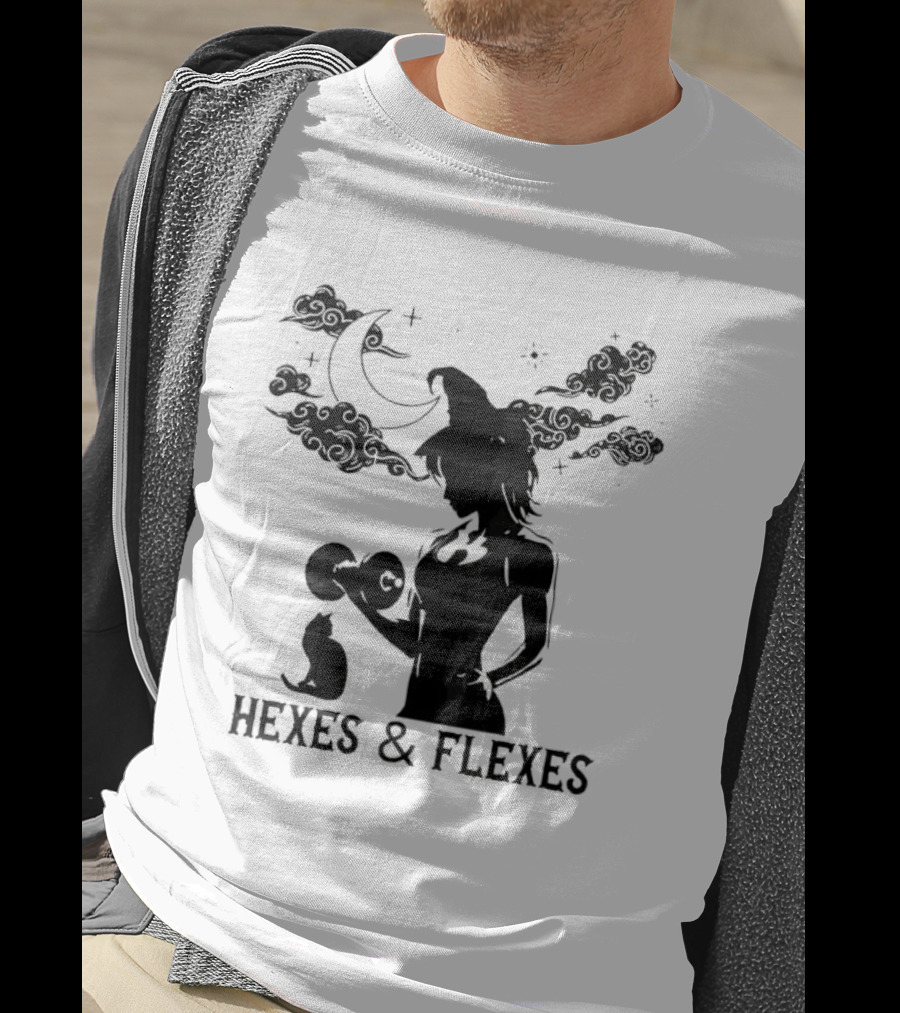 Spooky Fitness Witch Lifting Dumbbell With Cat Hexes & Flexes Moon Clouds T-Shirt