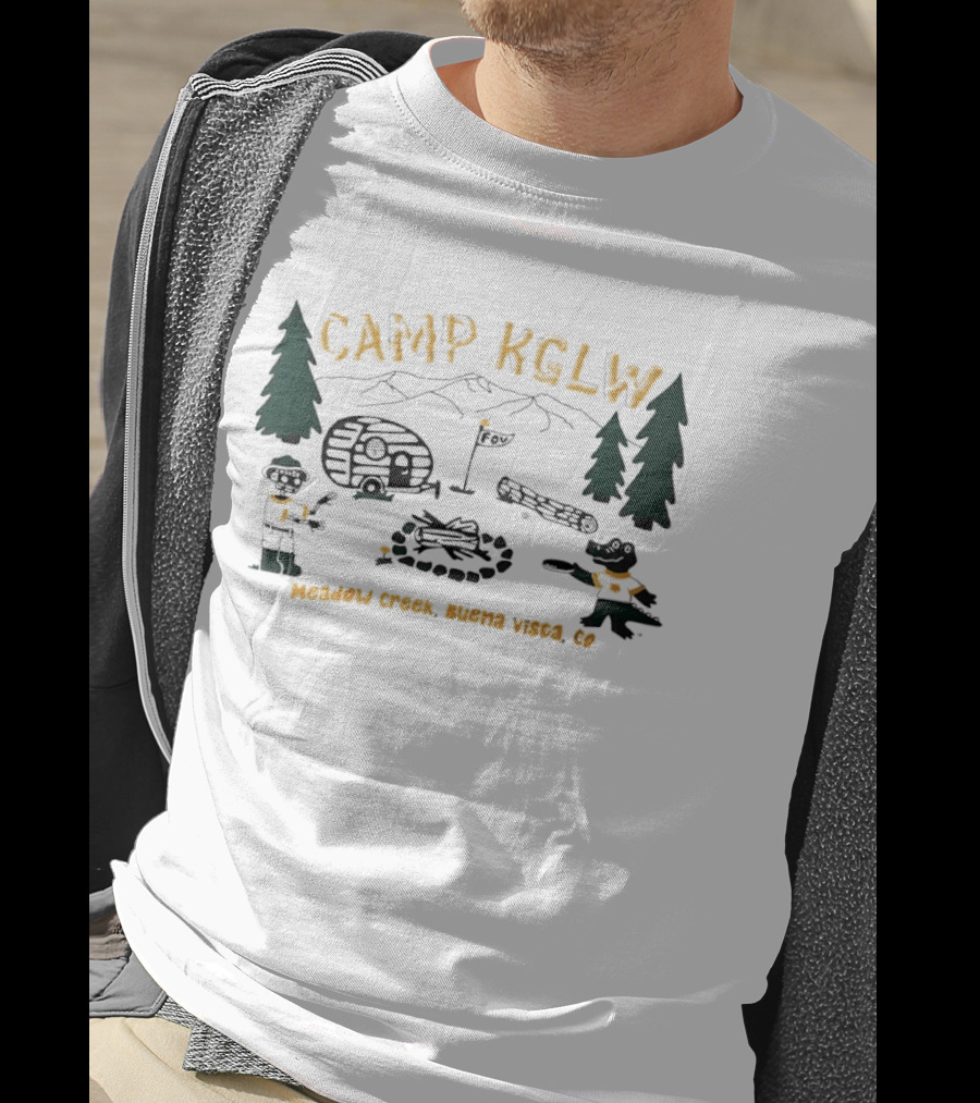 Camp KGLW Meadow Creek Buena Vista CO Skeleton Gator Camping Disc Golf T-Shirt