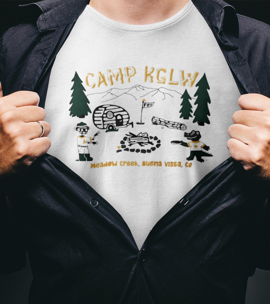 Camp KGLW Meadow Creek Buena Vista CO Skeleton Gator Camping Disc Golf T-Shirt