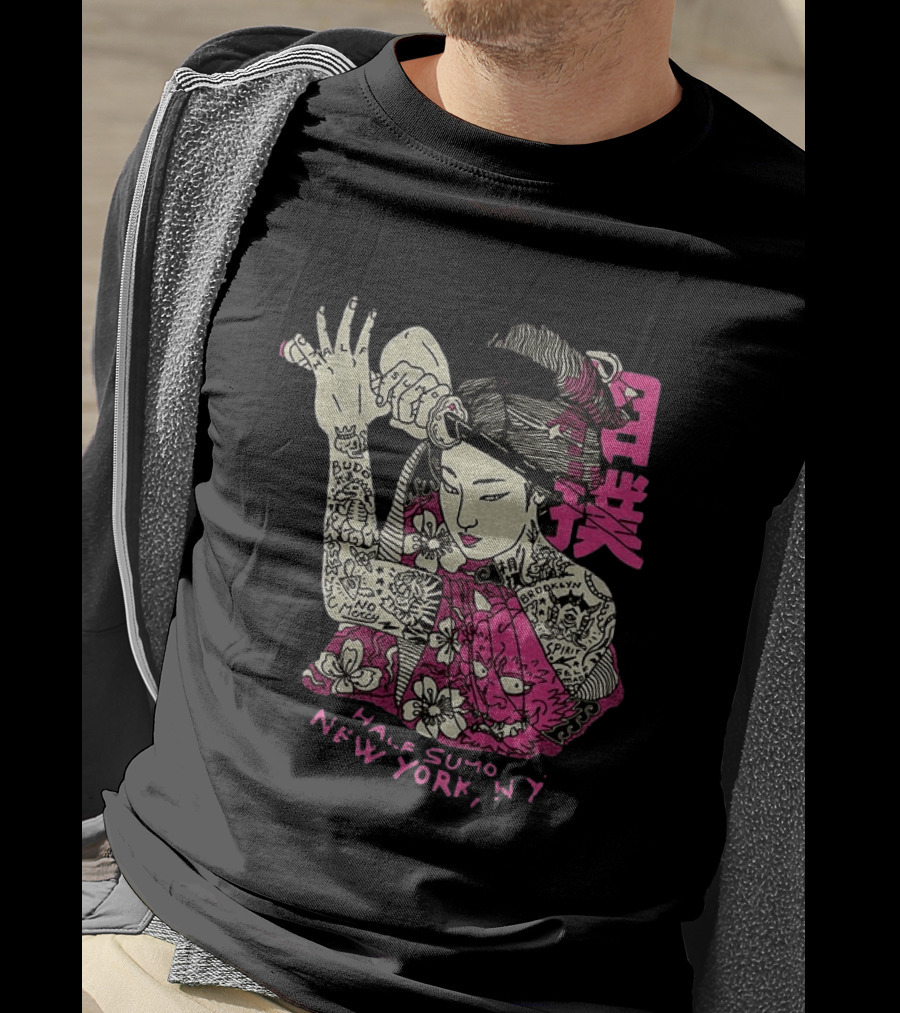 Tattooed Geisha With Katana And Flowers Japanese Samurai Half Sumo New York NY T-Shirt