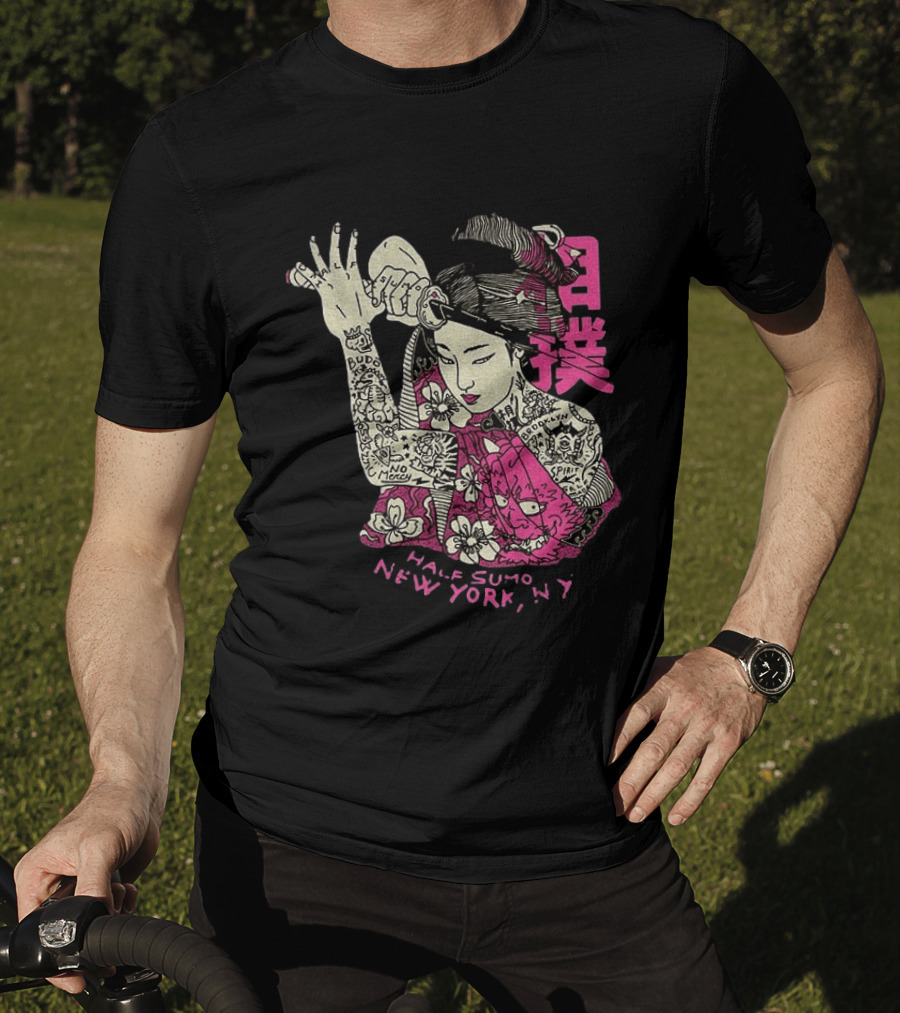 Tattooed Geisha With Katana And Flowers Japanese Samurai Half Sumo New York NY T-Shirt
